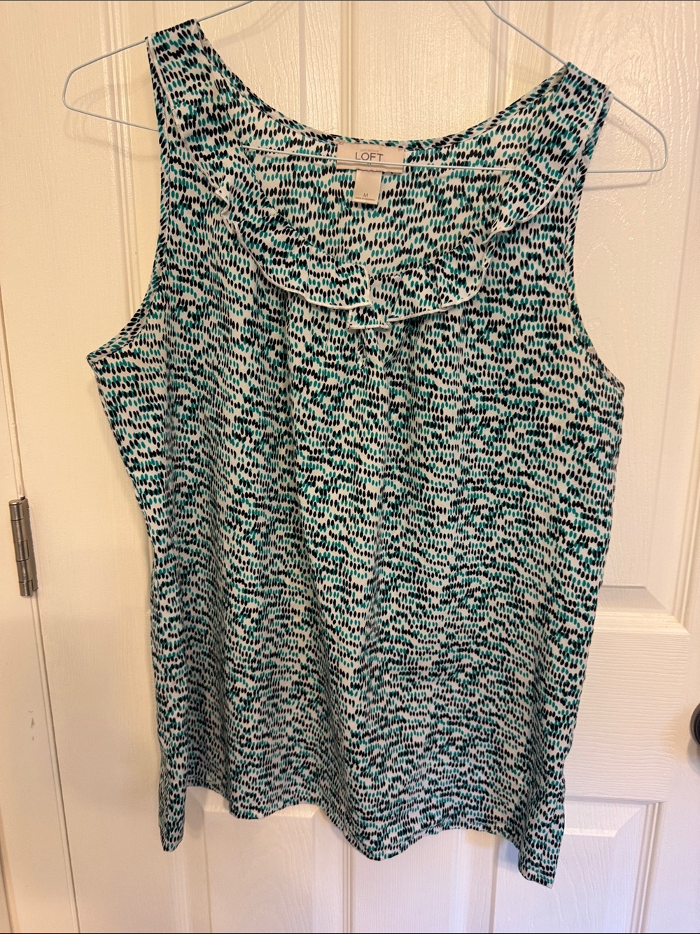 LOFT Teal, Black & White Printed Ruffle-Neck Sleeveless Top